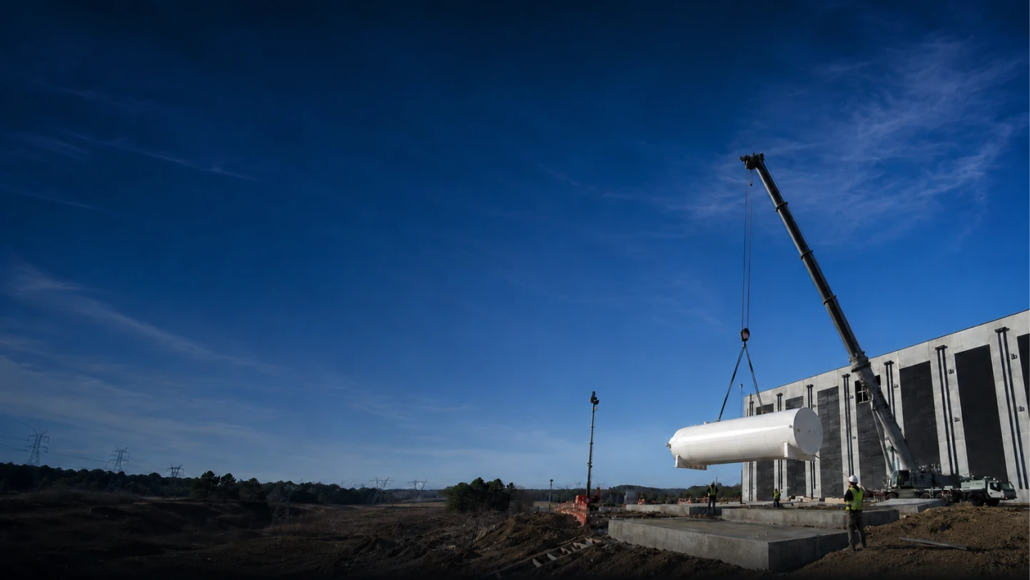 Construction site with crane lifting a large white cylindrical tank near a building under clear blue sky.