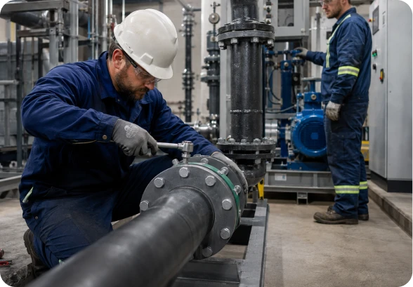 Worker in helmet tightening bolts on large pipe flange in industrial facility with another worker in background.