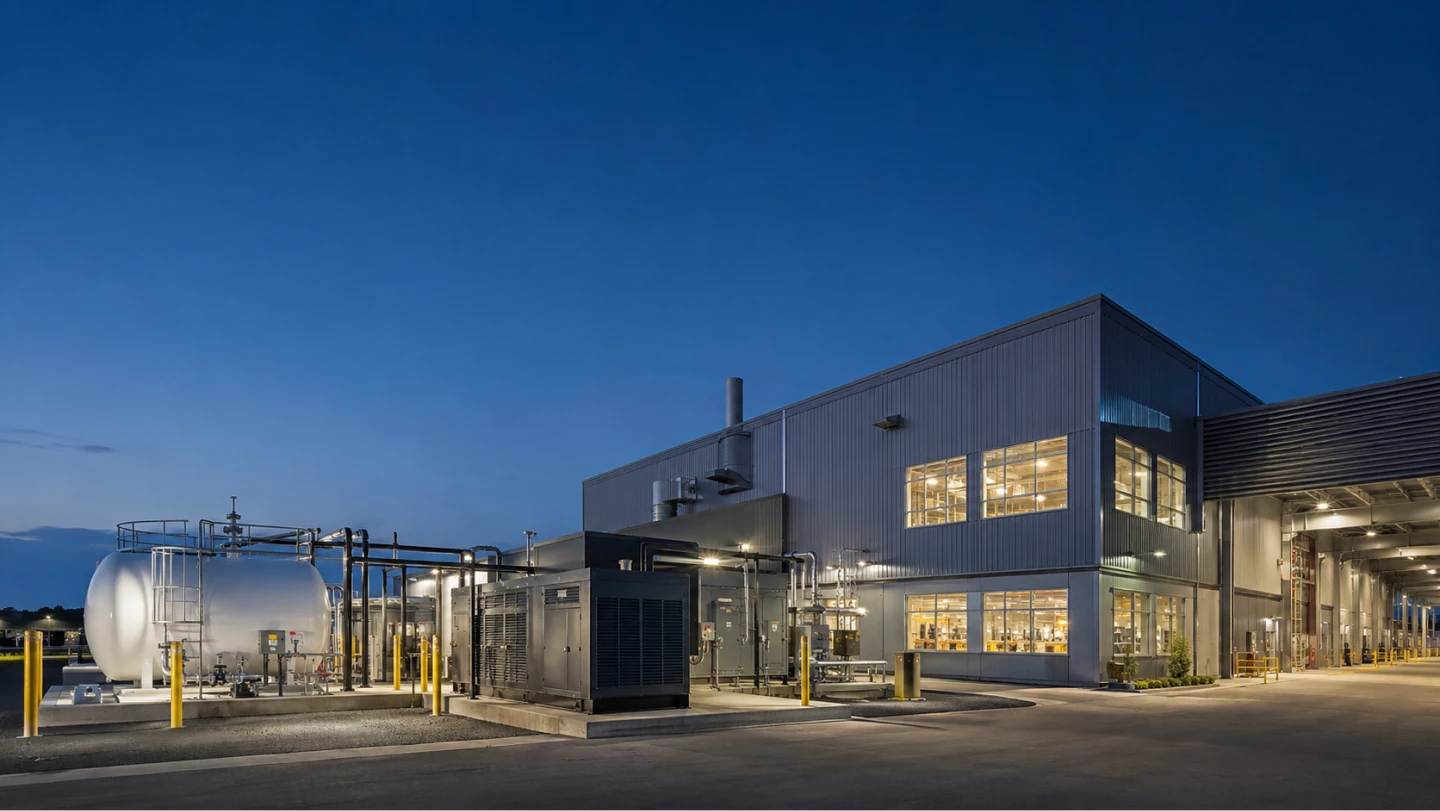 Industrial facility with storage tanks and machinery outside a large lit building at dusk.