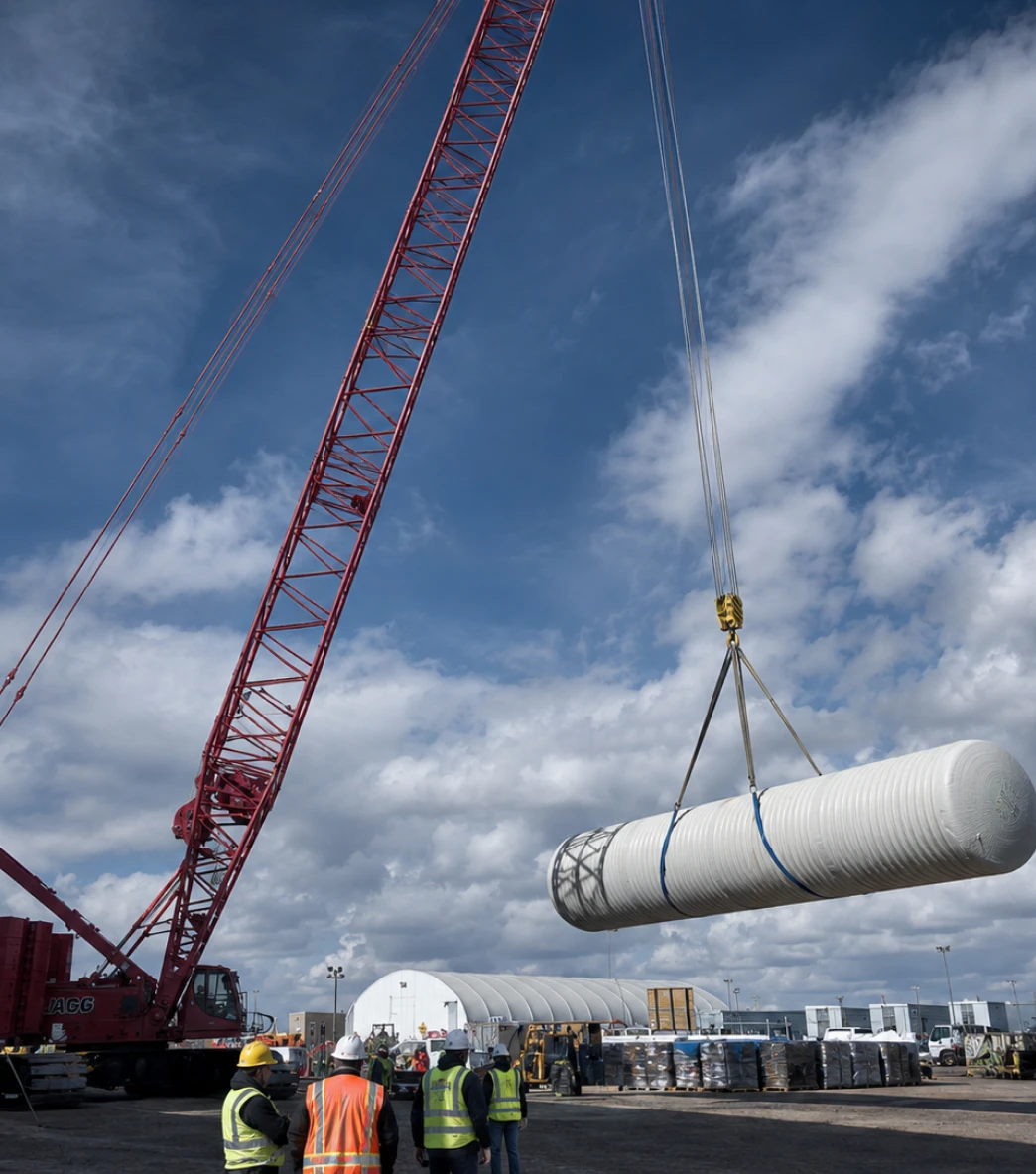 Workers in safety gear observe a crane lifting a large cylindrical tank at an industrial site.