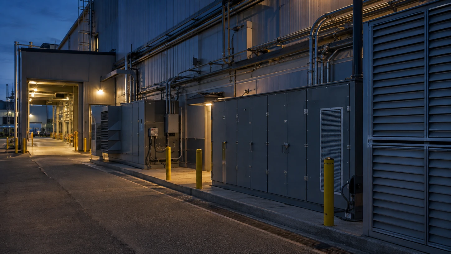 Industrial building exterior at dusk with metal panels, pipes, and yellow bollards along a paved area.