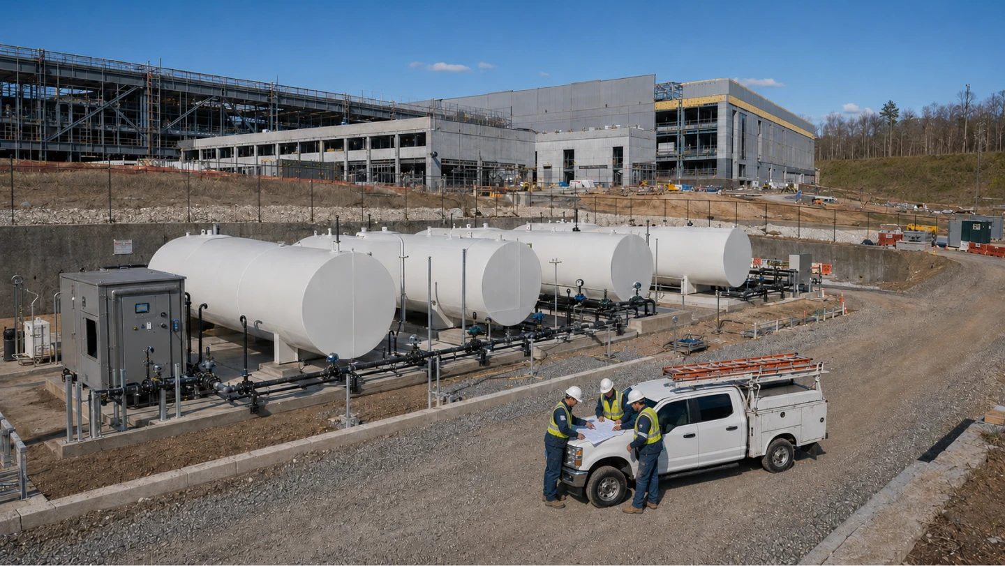 Three construction workers in hard hats reviewing plans on a white truck near large white storage tanks.