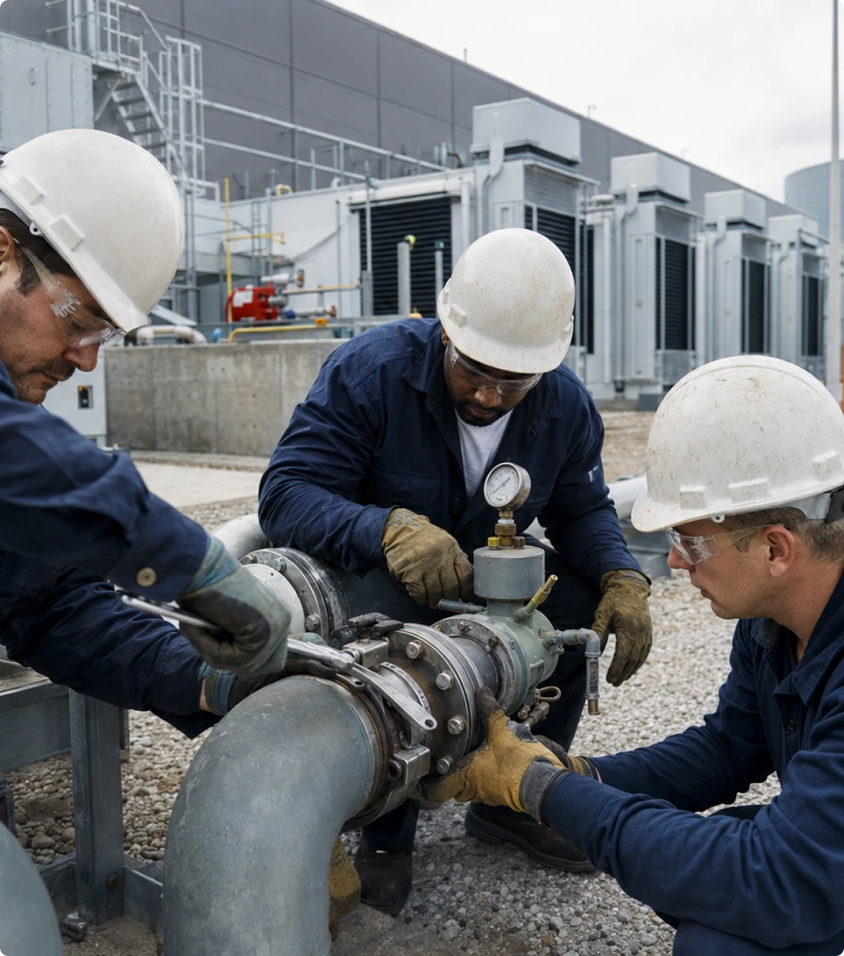 Three workers wearing hard hats and gloves fixing a large industrial pipe with a gauge outdoors.