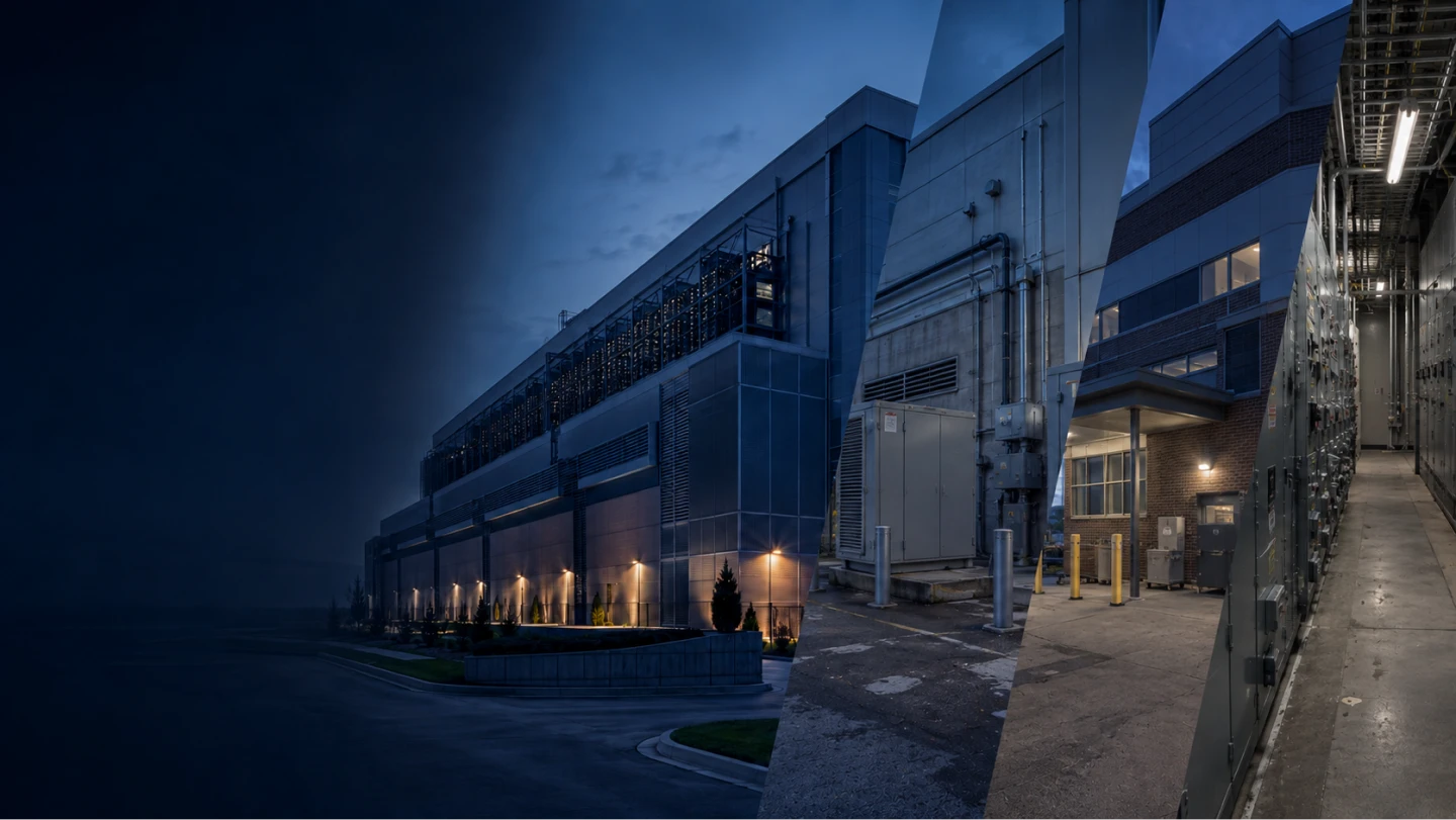 Three angled views of a large industrial building exterior and electrical equipment at dusk.