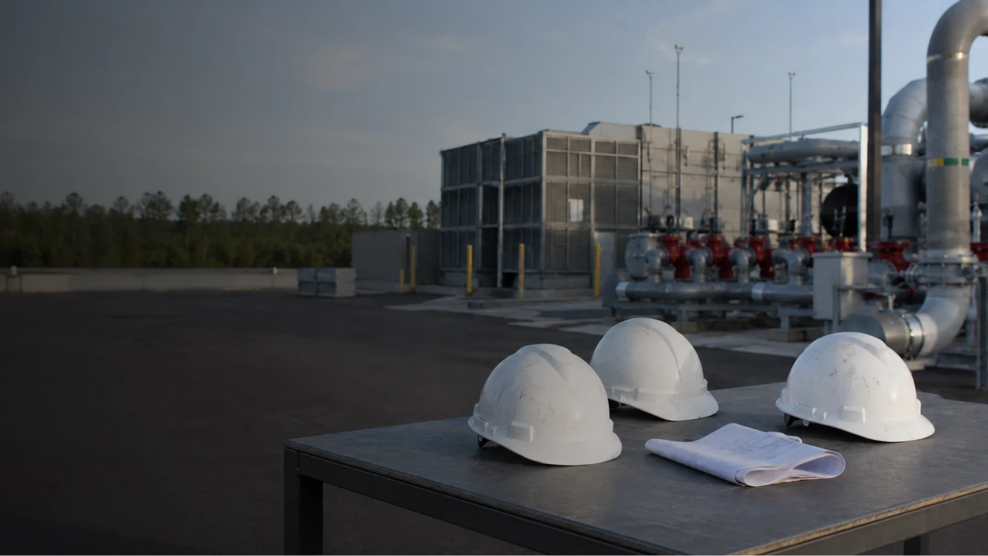 Three white construction helmets and rolled blueprints on a metal table at an industrial site.