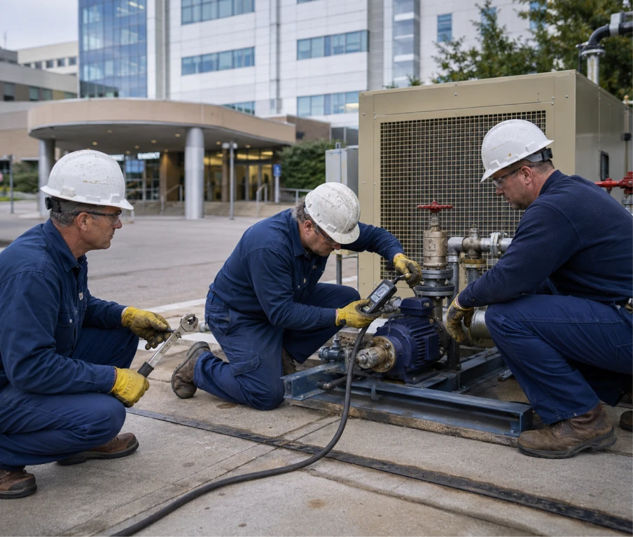 Three workers wearing hard hats and gloves inspecting and repairing industrial machinery outdoors.