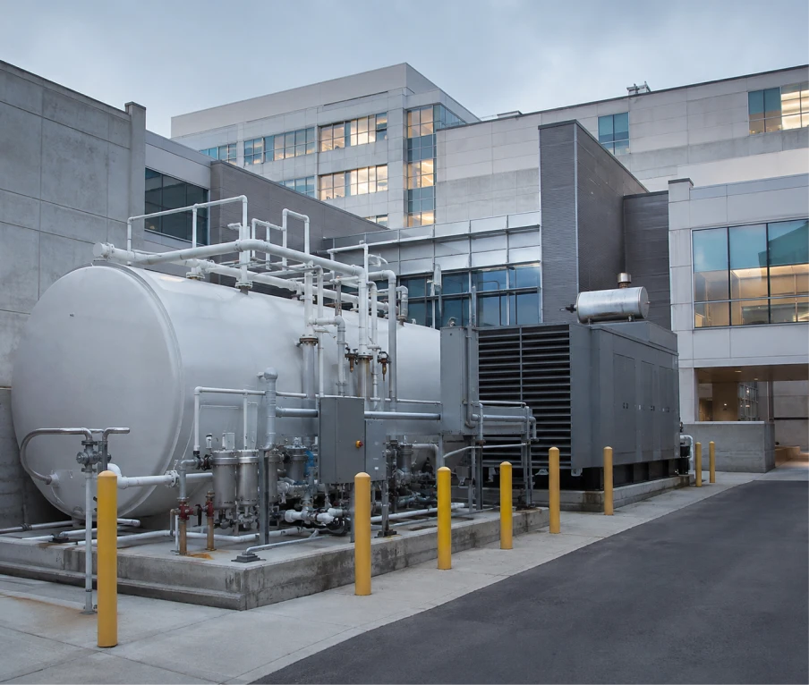 Large industrial equipment with pipes and tanks outside a modern building at dusk.