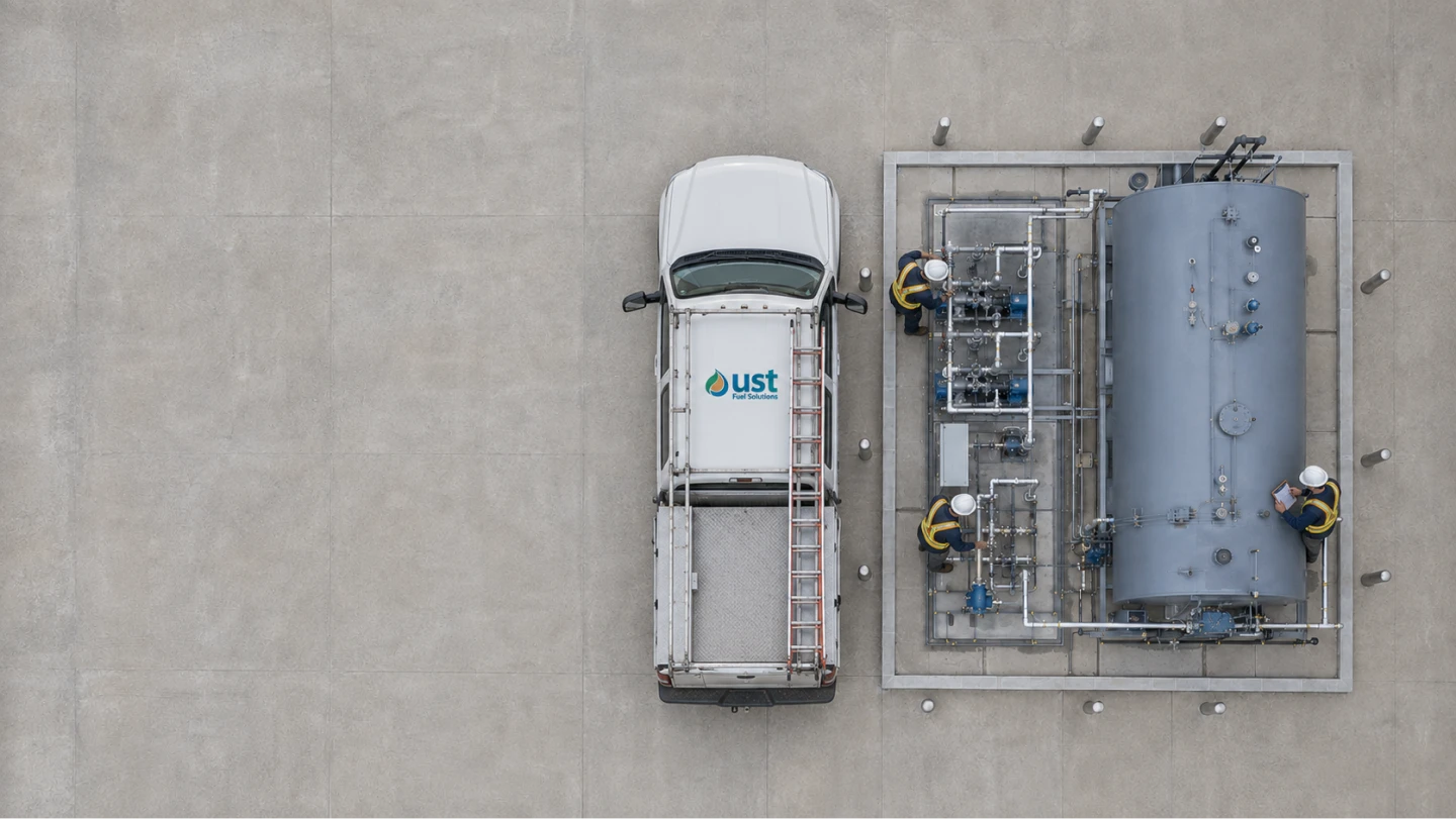 Top view of a white UST truck next to three workers inspecting a large industrial fuel tank and pipes.
