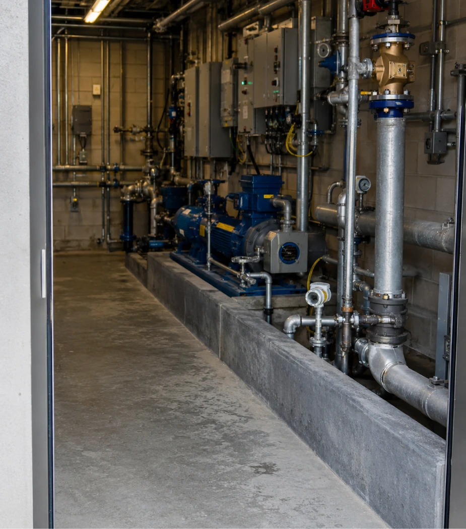Industrial room with blue machinery and metal pipes along a concrete floor and wall.