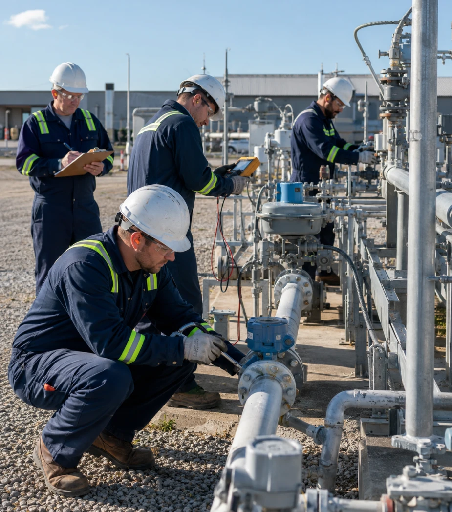 Four workers in helmets and safety gear inspecting and testing industrial pipes and valves outdoors.