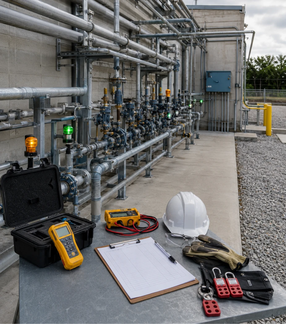 Industrial pipes with gauges and lights beside safety gear, clipboard, and electrical testing tools on a metal table.