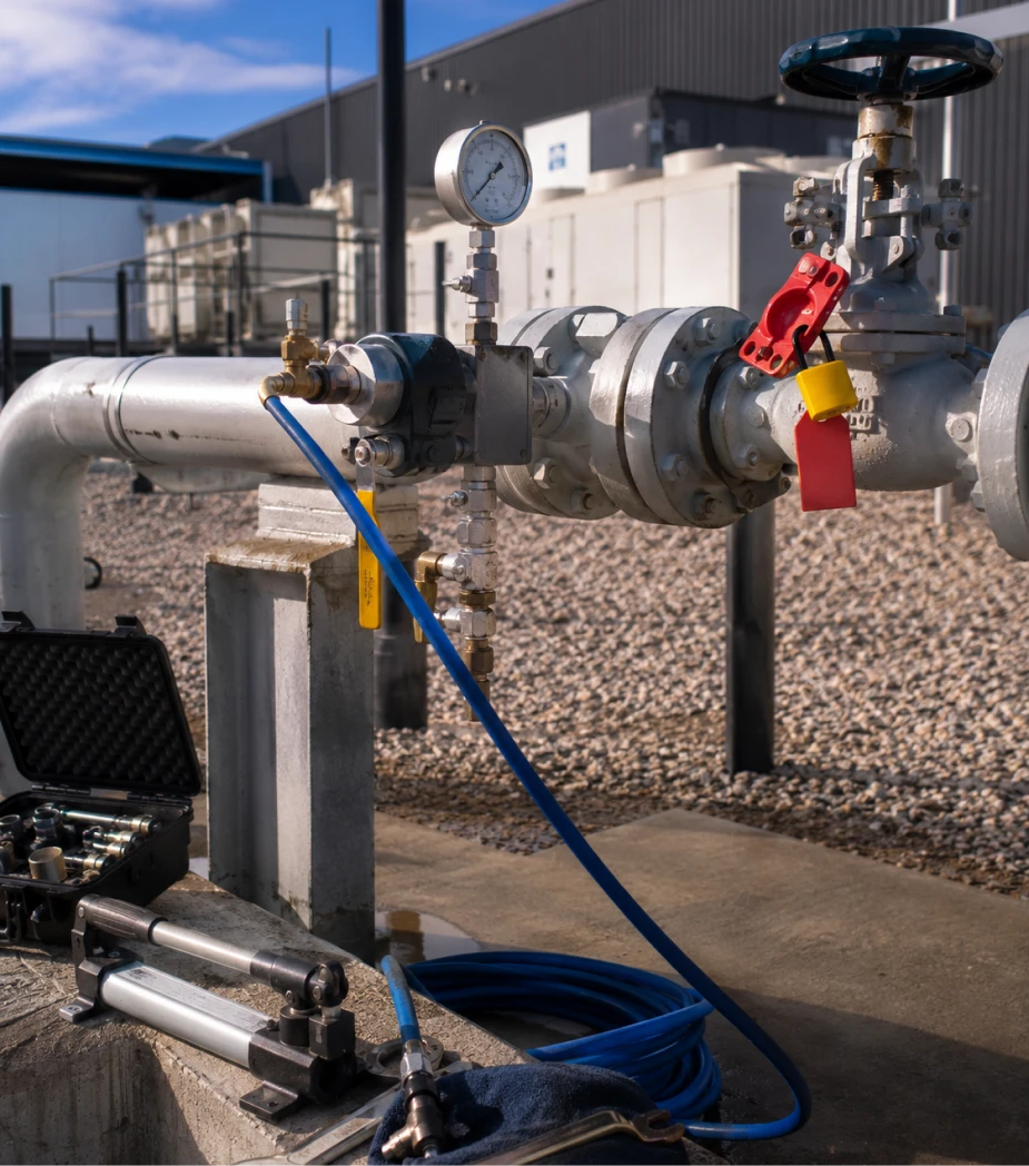 Industrial pipeline with pressure gauge, valve secured by lockout tags, blue hose, and a tool case outdoors.