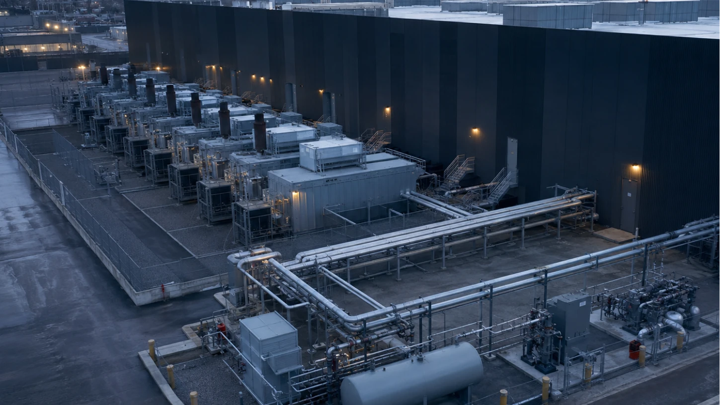 Industrial outdoor utility facility with large pipes, tanks, and machinery alongside dark building walls at dusk.