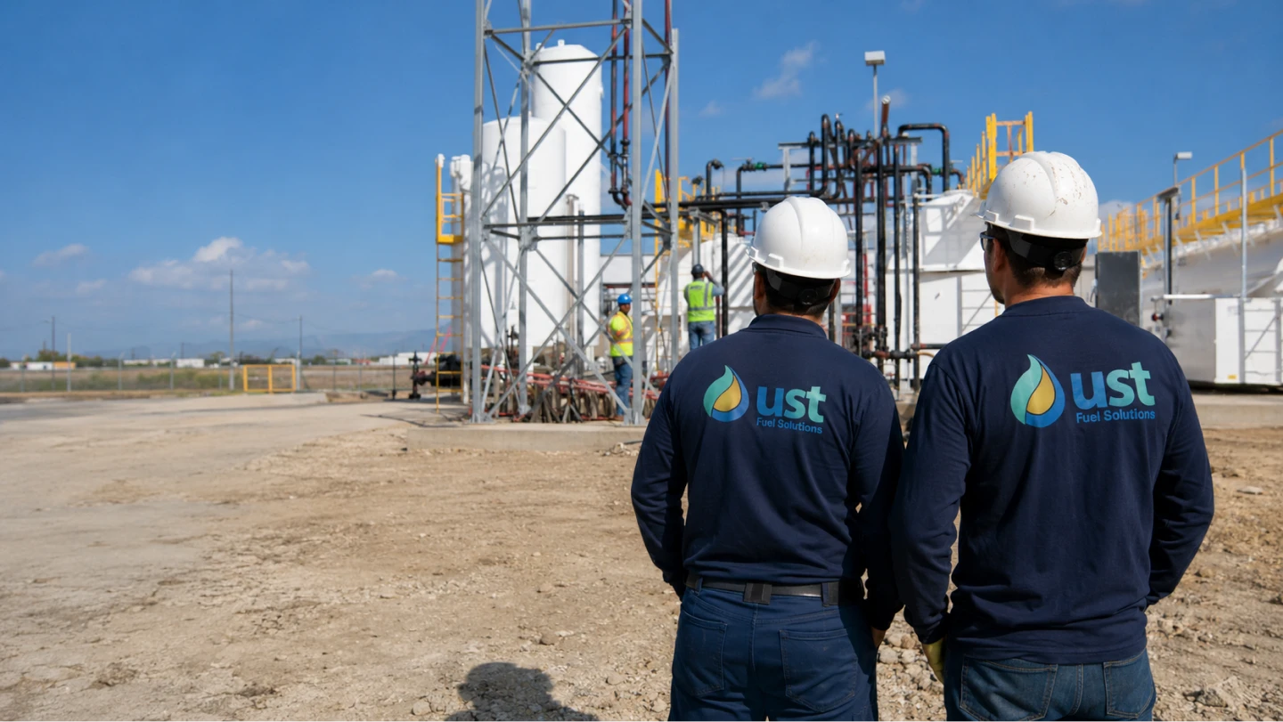 Two workers in hard hats and UST Fuel Solutions shirts at an industrial fuel facility.