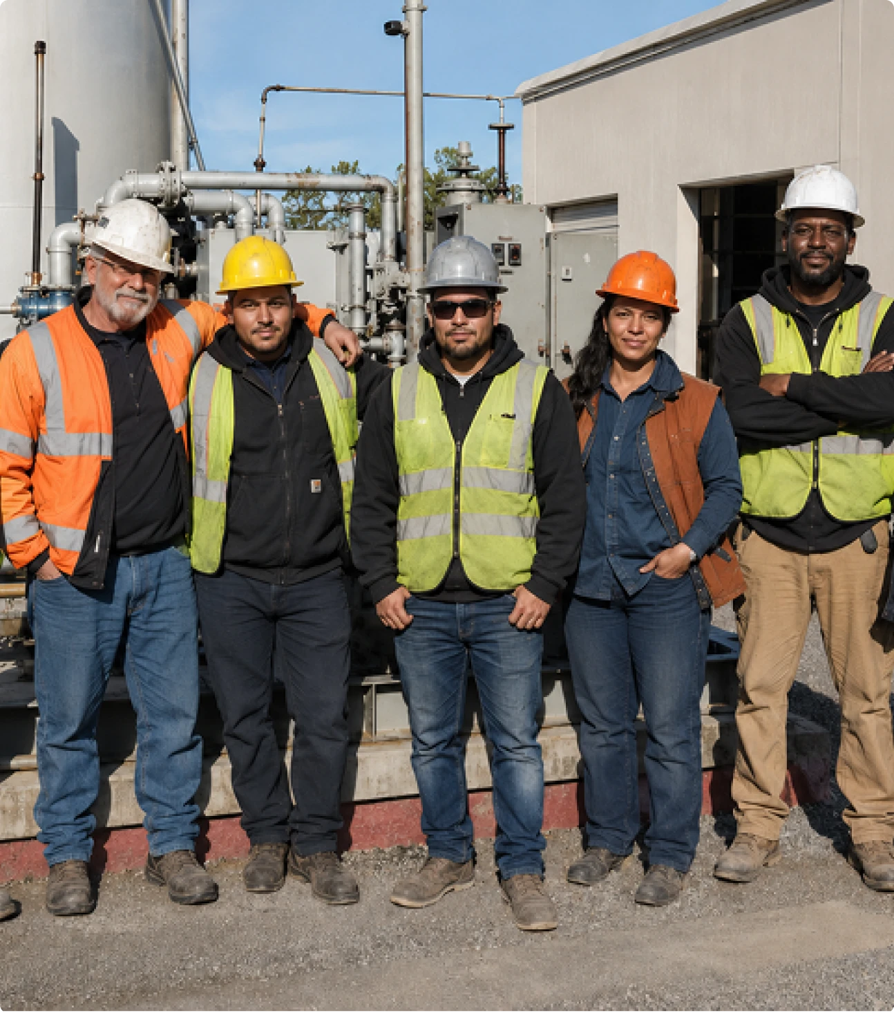 Five construction workers in safety gear standing side by side at an industrial site outdoors.