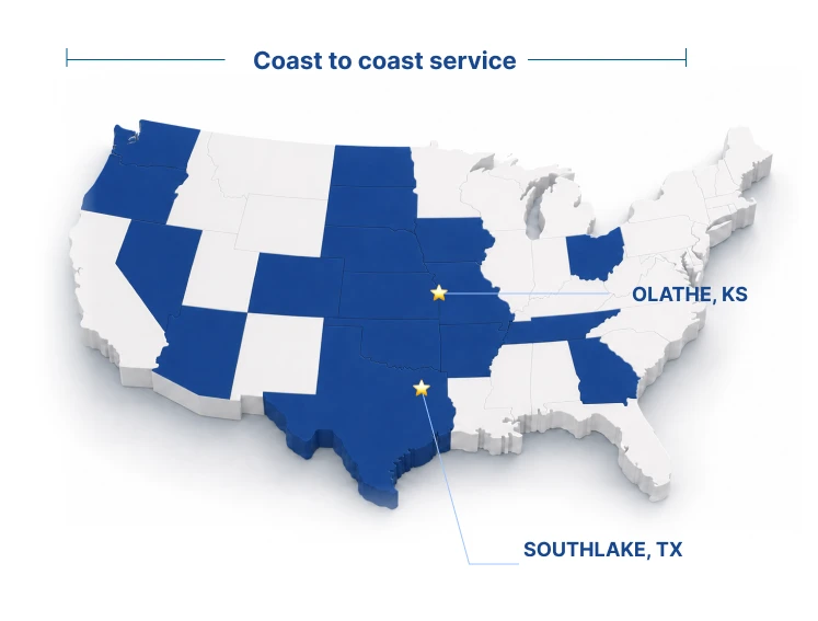 US map highlighting states with coast to coast service and stars marking Olathe, KS and Southlake, TX.