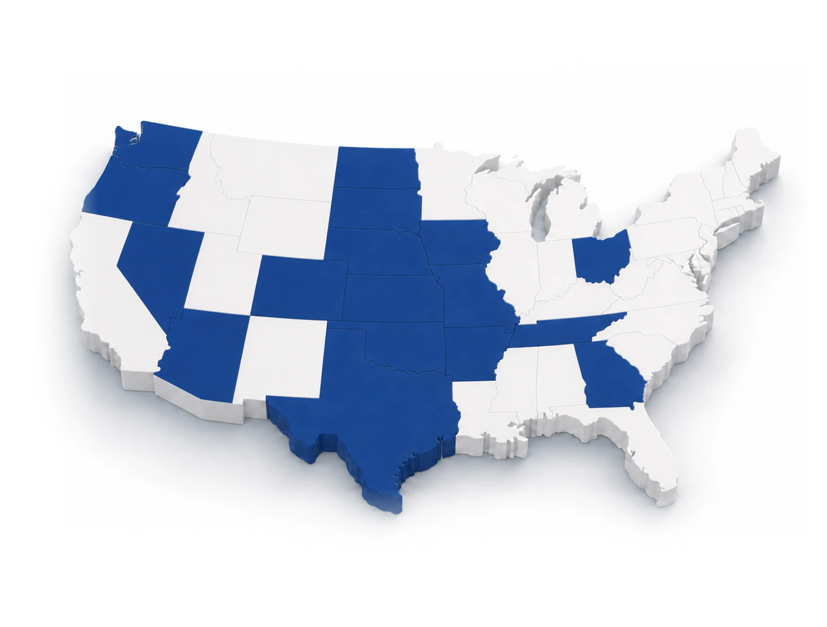 3D U.S. map with several states highlighted in blue scattered across the country.