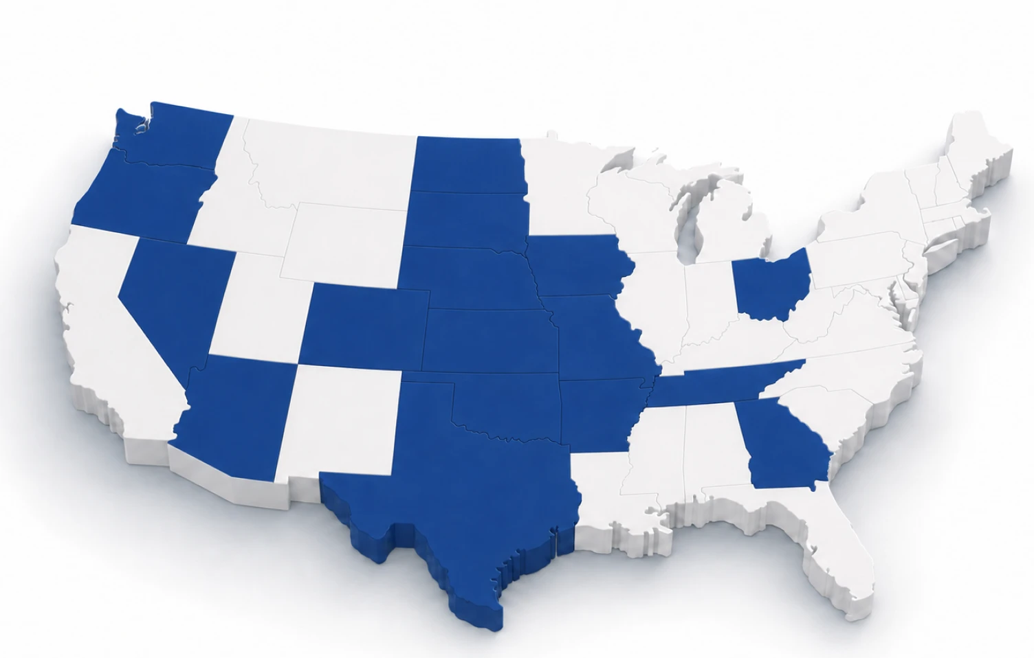 Map of the United States highlighting 14 states in blue across different regions.