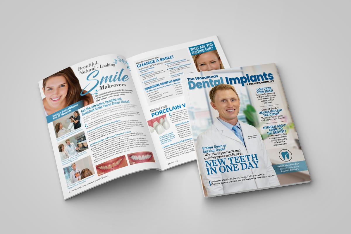 Open magazine spread featuring dental implant and smile makeover advertisements with images of smiling people, dental procedures, and a male dentist in a white coat on the cover, promoting natural-looking smile transformations and new teeth in one day.