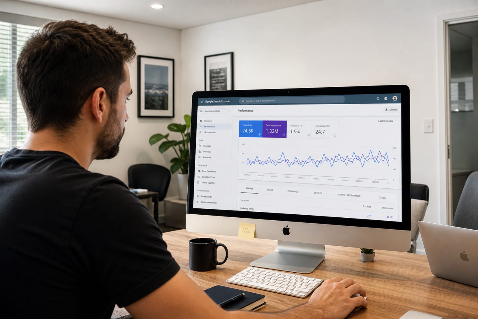 Man with dark hair and beard sitting at a desk using an Apple iMac computer displaying Google Search Console's performance dashboard showing total clicks, total impressions, average CTR, and average position with a line graph.