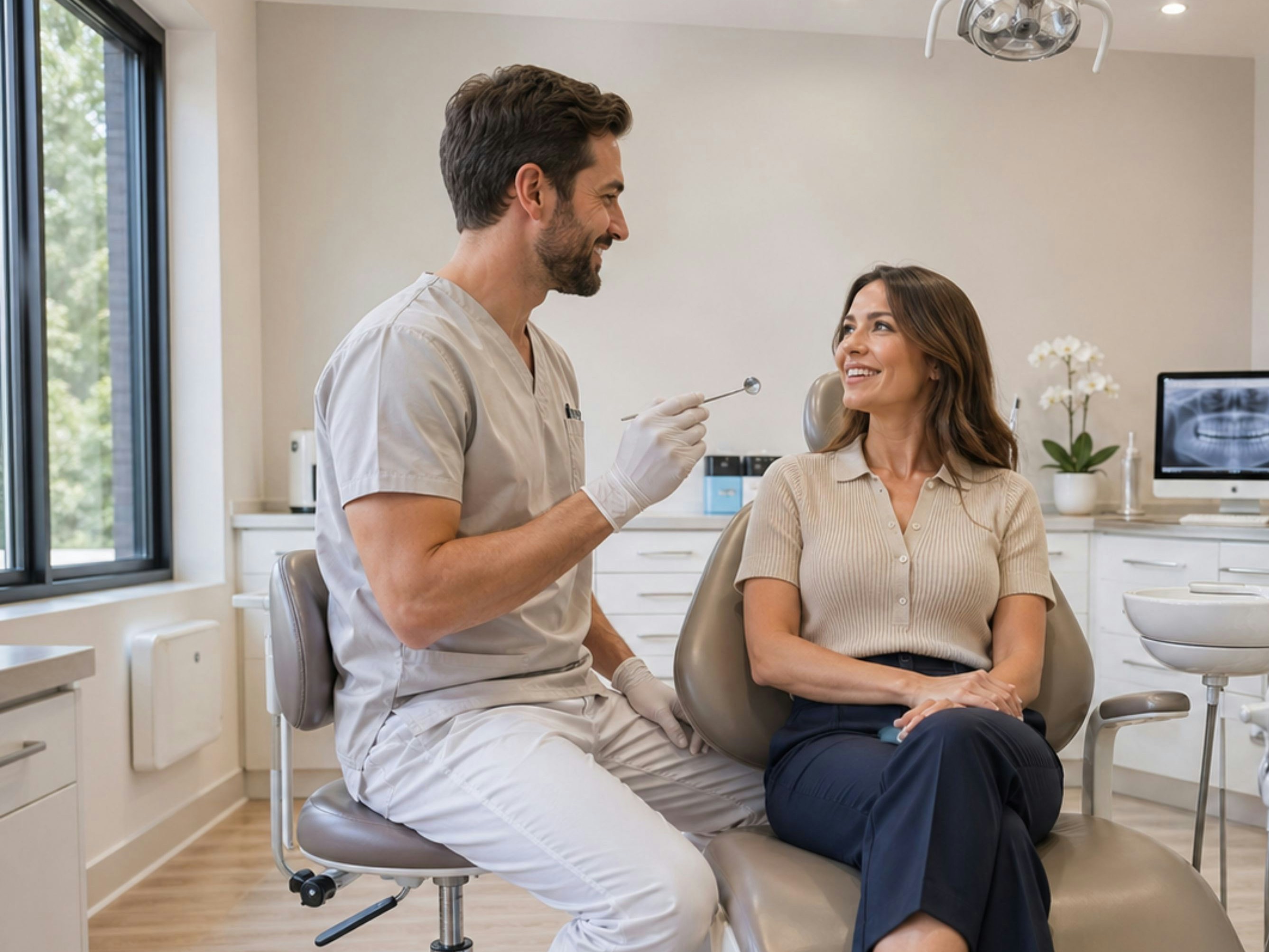 Male dentist in scrubs and gloves holding a dental mirror while talking to a smiling female patient seated in a dental chair in a bright dental office with an X-ray image on a computer screen in the background.