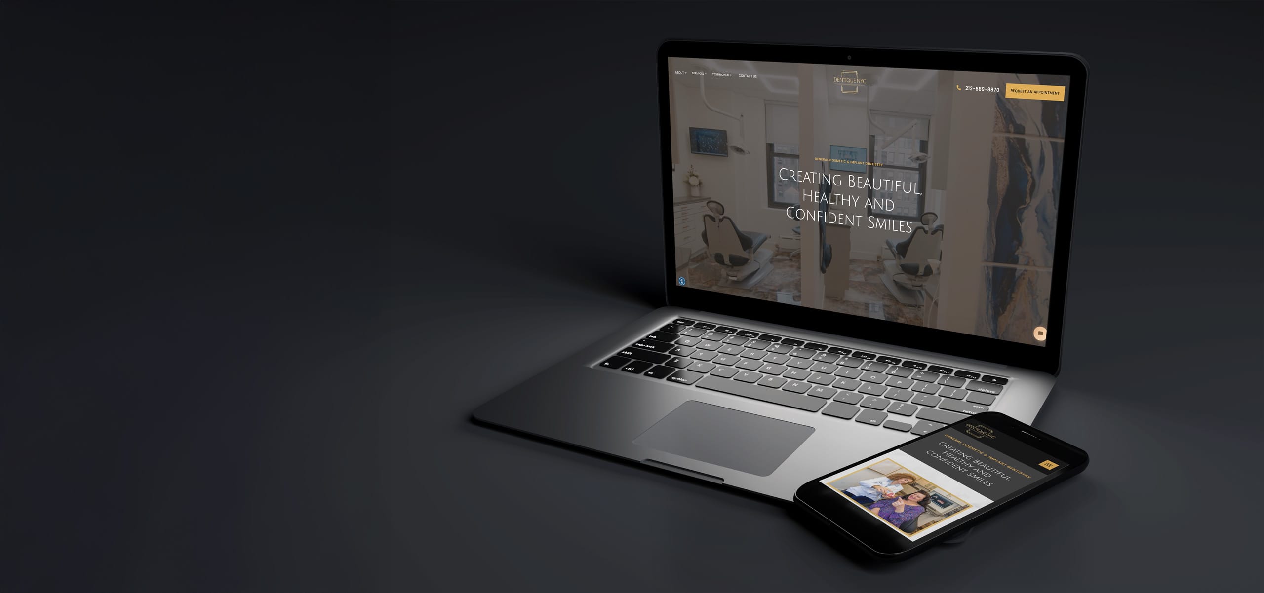Laptop and smartphone displaying a dental clinic website with the text 'Creating beautiful, healthy and confident smiles' visible on both screens.