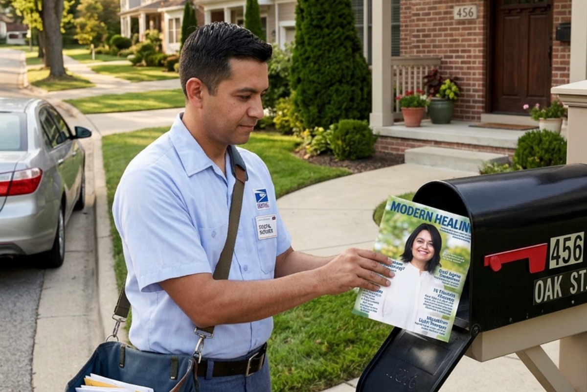 Postal worker in uniform placing a magazine titled Modern Healing into a black mailbox labeled 456 Oak St in a suburban neighborhood.