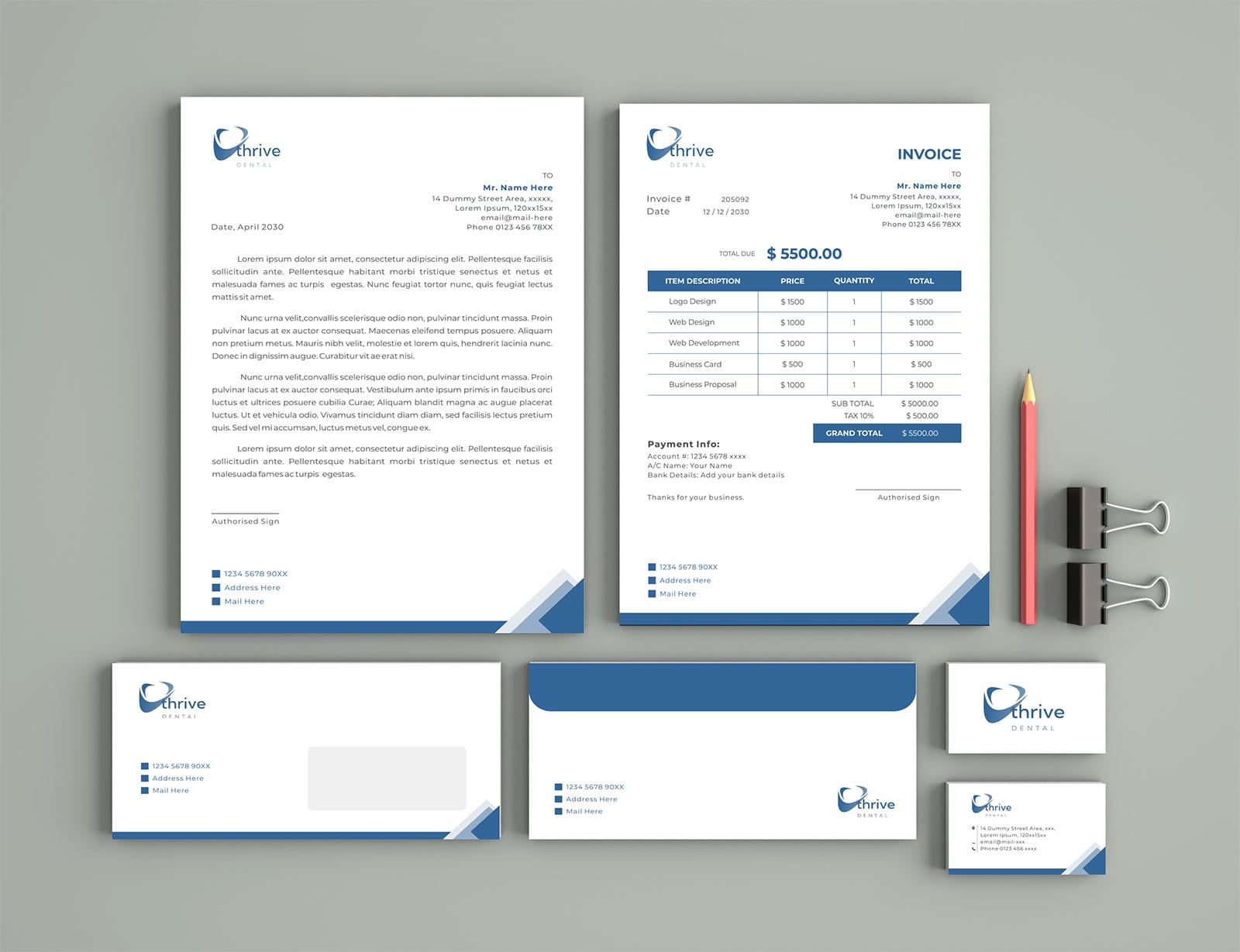 A dental branding stationery set including a letterhead and an invoice with Thrive Dental logo, contact details, and sample text; two envelopes; two business cards; a pink pencil; and two black binder clips on a grey background.