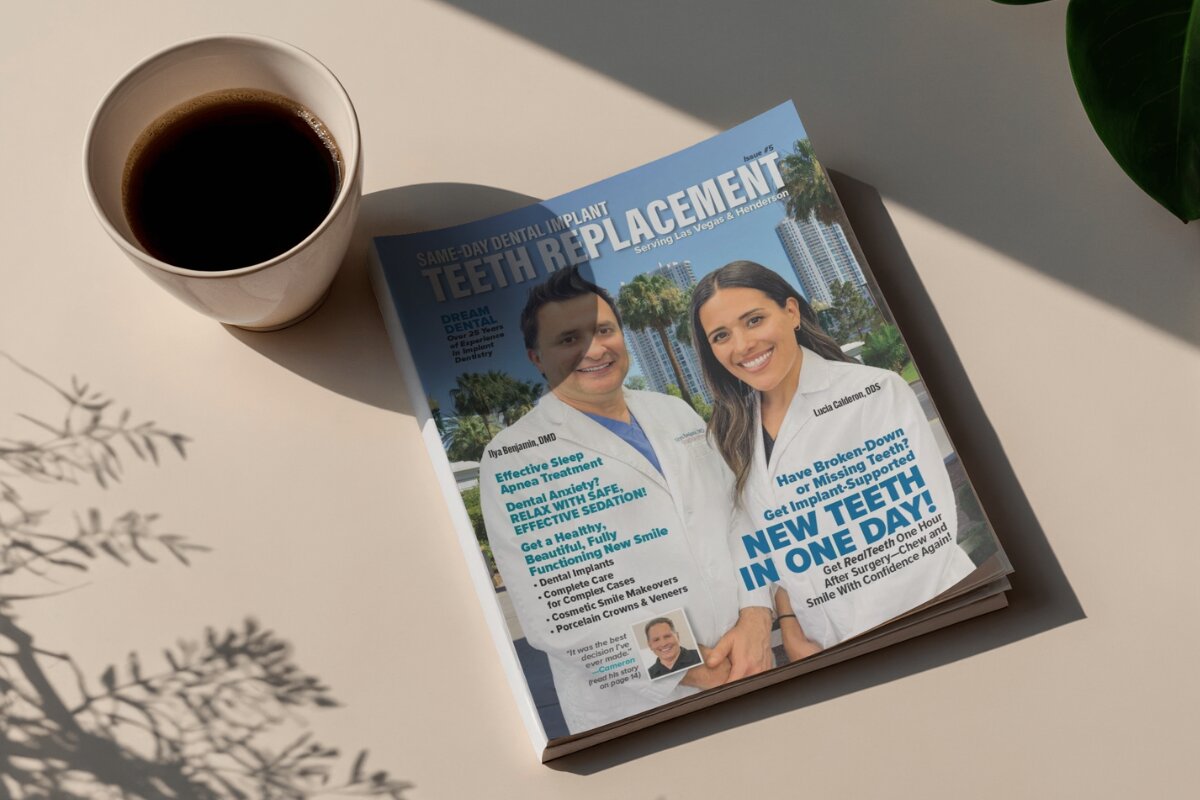 Magazine titled 'Same-Day Dental Implant Teeth Replacement' featuring two dentists, Ilya Benjamin, DMD, and Lucia Calderon, DDS, smiling in white coats with palm trees and cityscape background, promoting new teeth in one day and dental services with a cup of coffee nearby on a light surface.