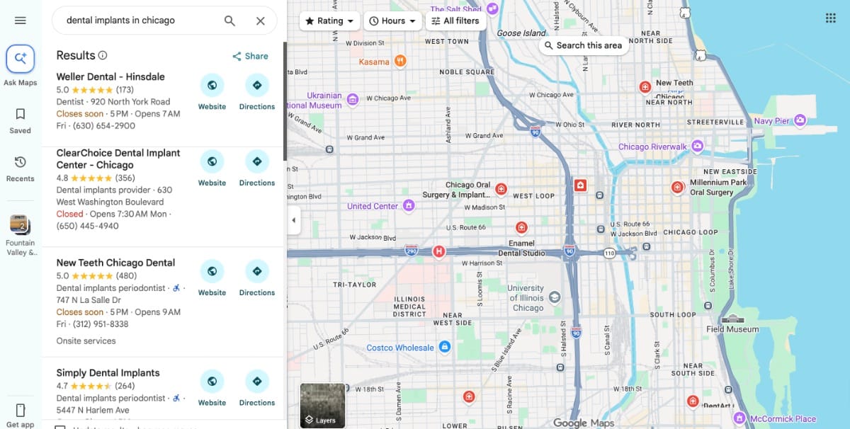 Google Maps search results for dental implants in Chicago showing a list of dental clinics on the left with ratings, addresses, hours, and contact info, and a map on the right marking clinic locations across downtown Chicago including Hinsdale, West Loop, Near North, and South Loop areas.