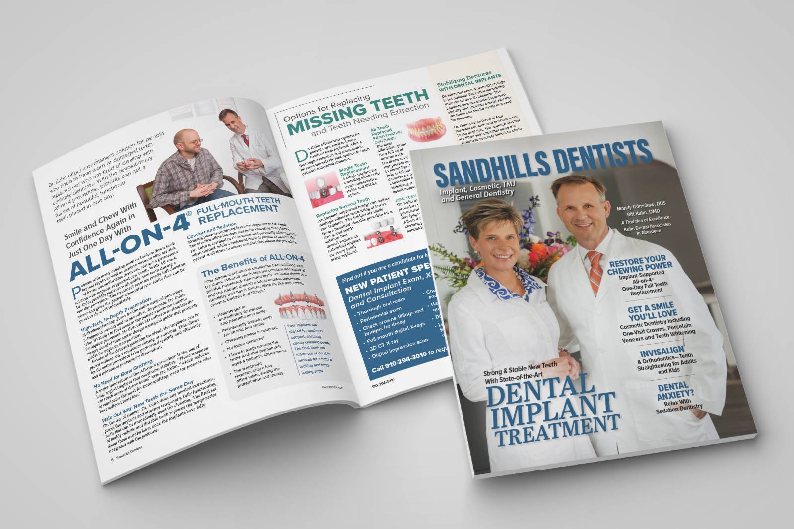 Open dental magazine spread featuring Sandhills Dentists with a cover photo of two smiling dentists in white coats. The cover highlights dental implant treatment, full-mouth teeth replacement, cosmetic dentistry including veneers and teeth whitening, Invisalign for teeth straightening, and sedation dentistry for dental anxiety. The inside pages discuss 'ALL-ON-4® Full-Mouth Teeth Replacement,' detailing benefits, comfort and sedation, in-depth prep, bone grafting, and teeth same-day options. Additional info covers options for replacing missing teeth, including single teeth replacement and stabilizing dentures with dental implants. Contact details and new patient specials are also included.