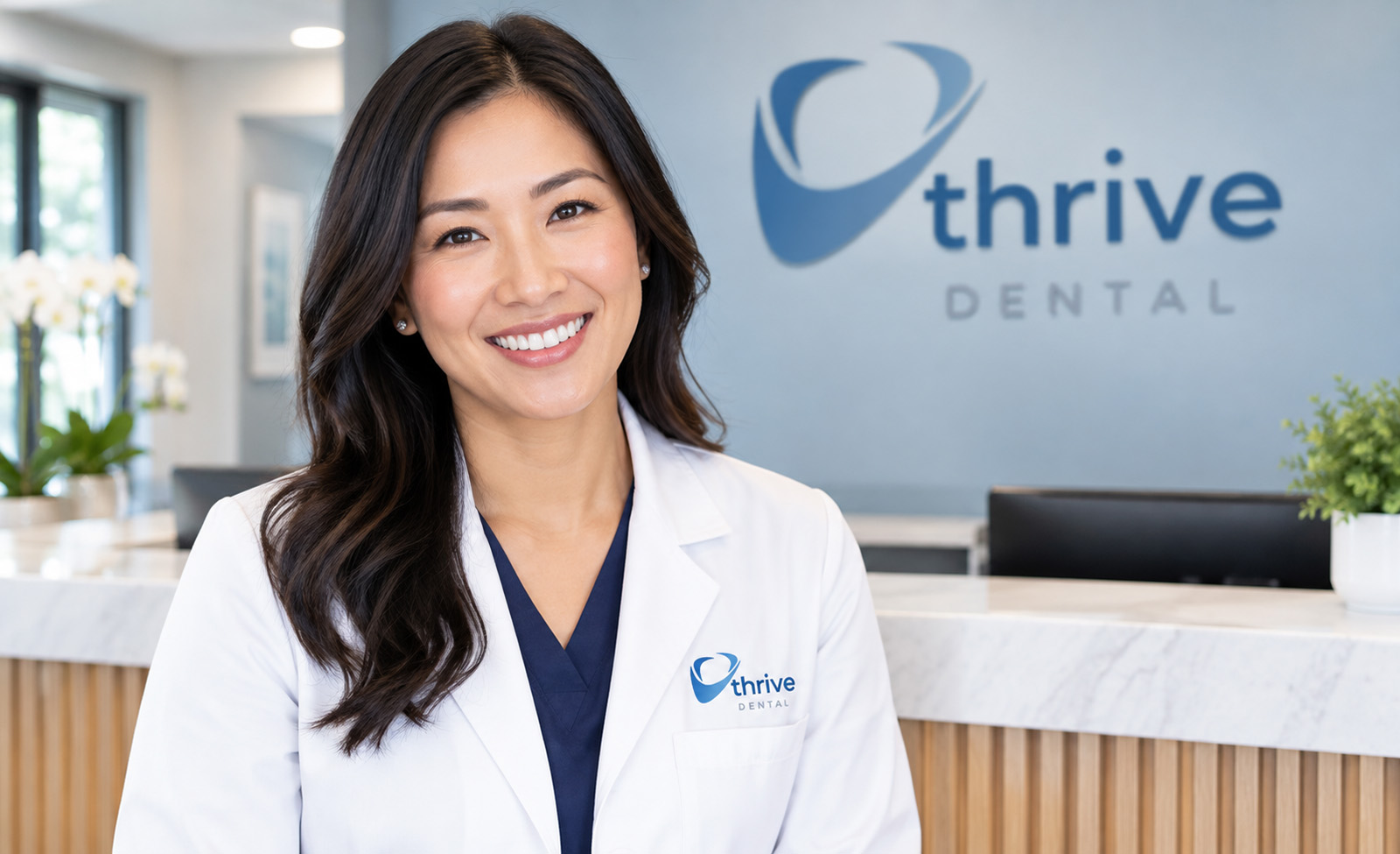 Smiling female dental professional with long dark hair wearing a white coat and navy blue scrubs in a modern dental office lobby with Thrive Dental logo on the wall.