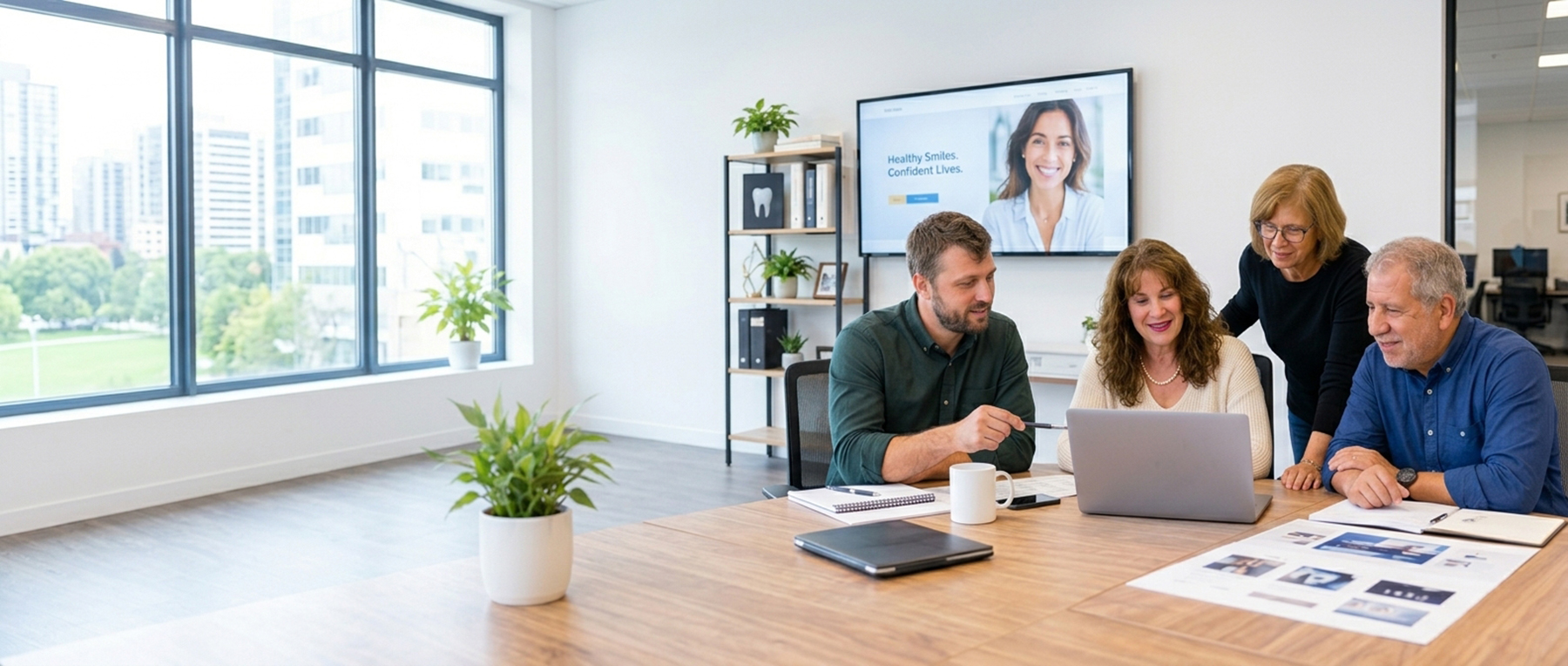 Four diverse professionals collaborating around a laptop in a bright office, smiling and discussing work with papers and plants on the table, a screen in the background showing a smiling woman and the text 'Healthy Smiles. Confident Lives.'