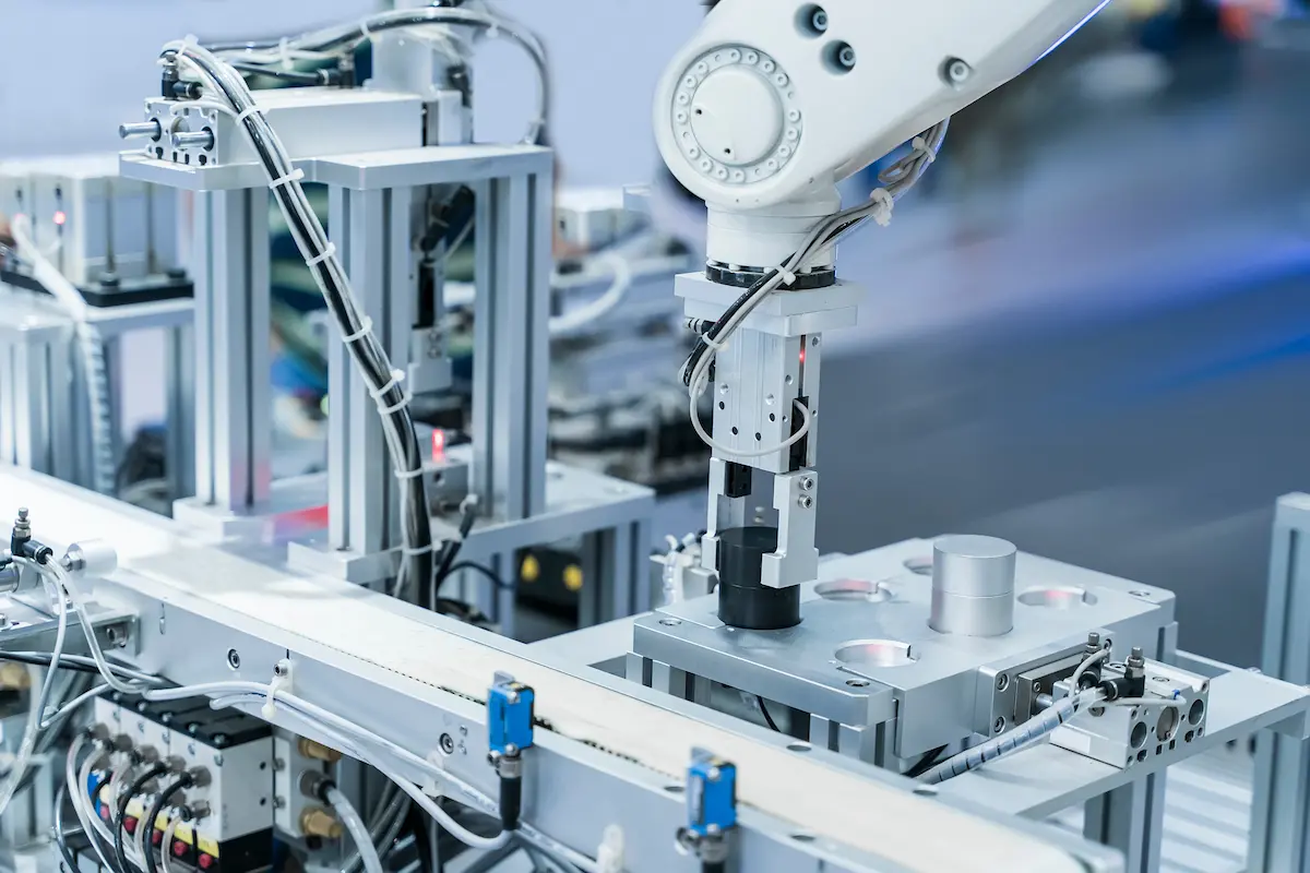Industrieroboterarm montiert Teile auf einer Förderanlage in einer automatisierten Fabrik.