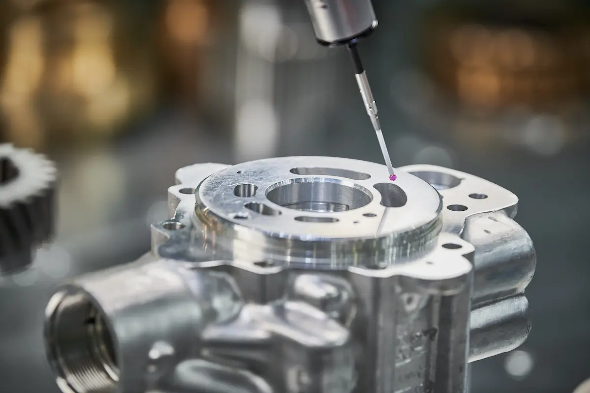Oberfläche eines Metallteils wird mit einem Messgerät mit Sensorpunkt geprüft.