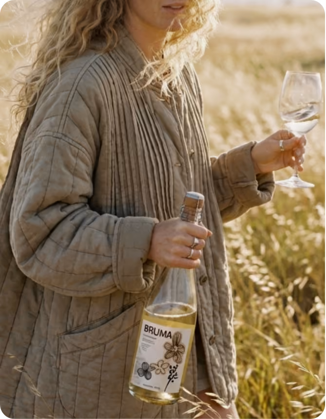 Person with long curly hair wearing a quilted jacket, holding a bottle of white wine labeled 'BRUMA' in one hand and a wine glass with white wine in the other, standing in a sunlit field of tall grass.