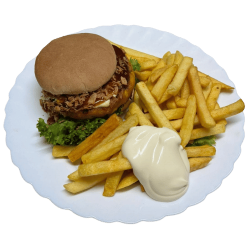 Ein Burger-Menü mit Pommes und Mayonnaise von "Das Feinste von Holländer" in Elmpt