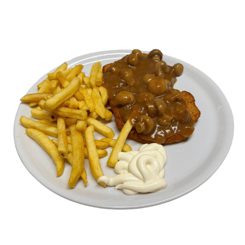 Ein Schnitzel mit Champignon-Sauce und Pommes von "Das Feinste von Holländer" in Elmpt