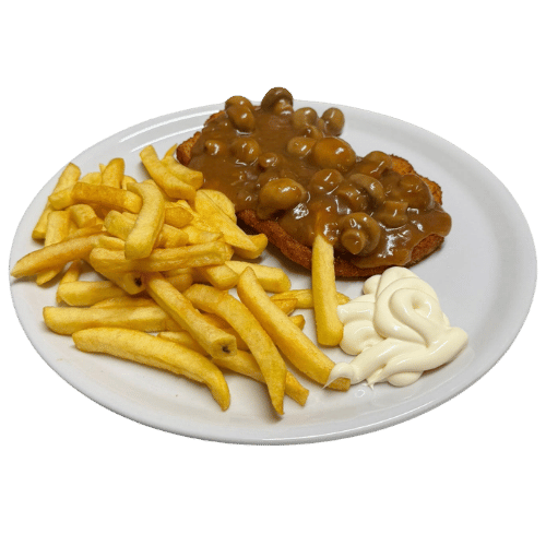 Ein Schnitzel mit Champignon-Sauce und Pommes von "Das Feinste von Holländer" in Elmpt