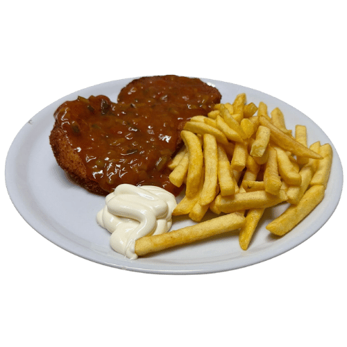 Ein Schnitzel mit Jäger-Sauce und Pommes von "Das Feinste von Holländer" in Elmpt