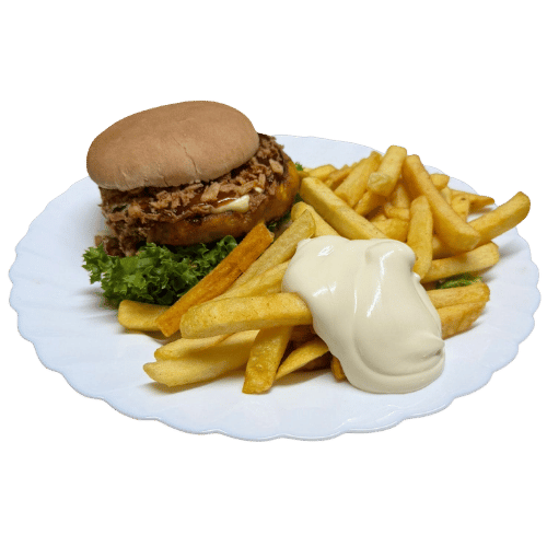 Ein Burger mit Pommes und Mayonnaise von "Das Feinste von Holländer" in Elmpt
