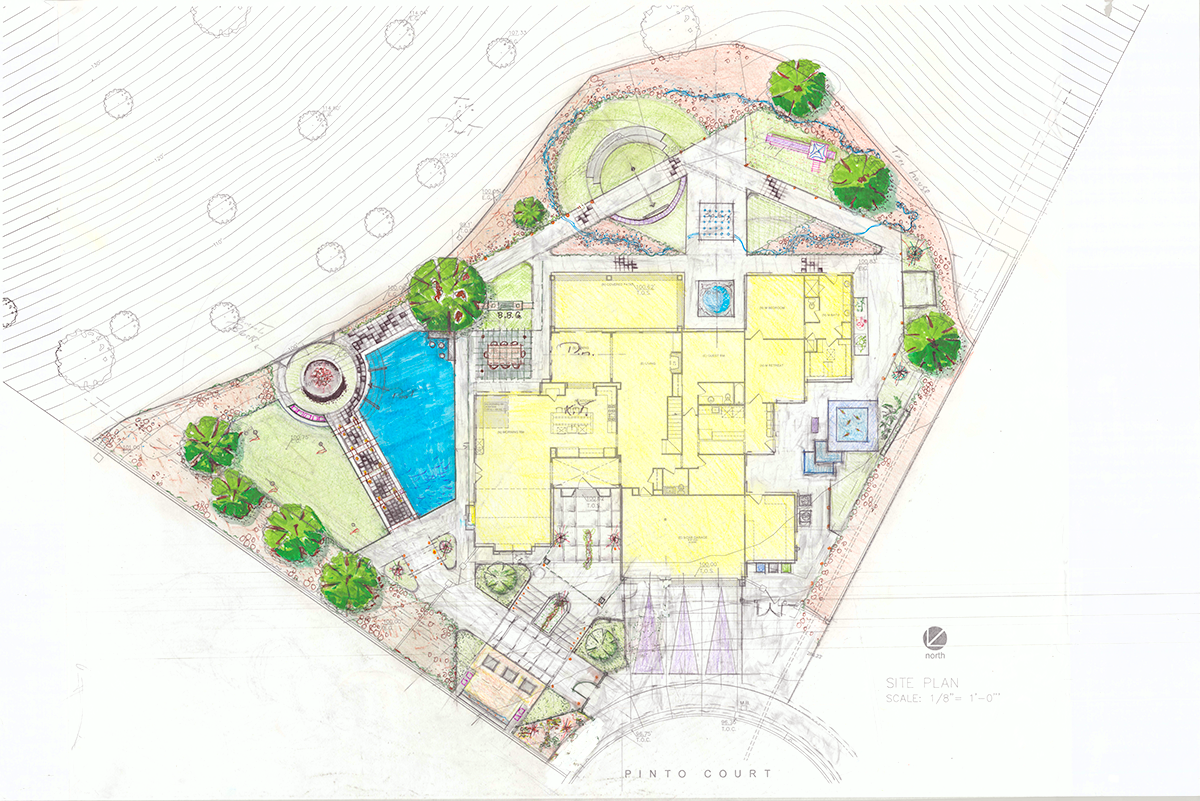 Architectural concept sketch showing a civic building, public terrace, water feature, and native planting