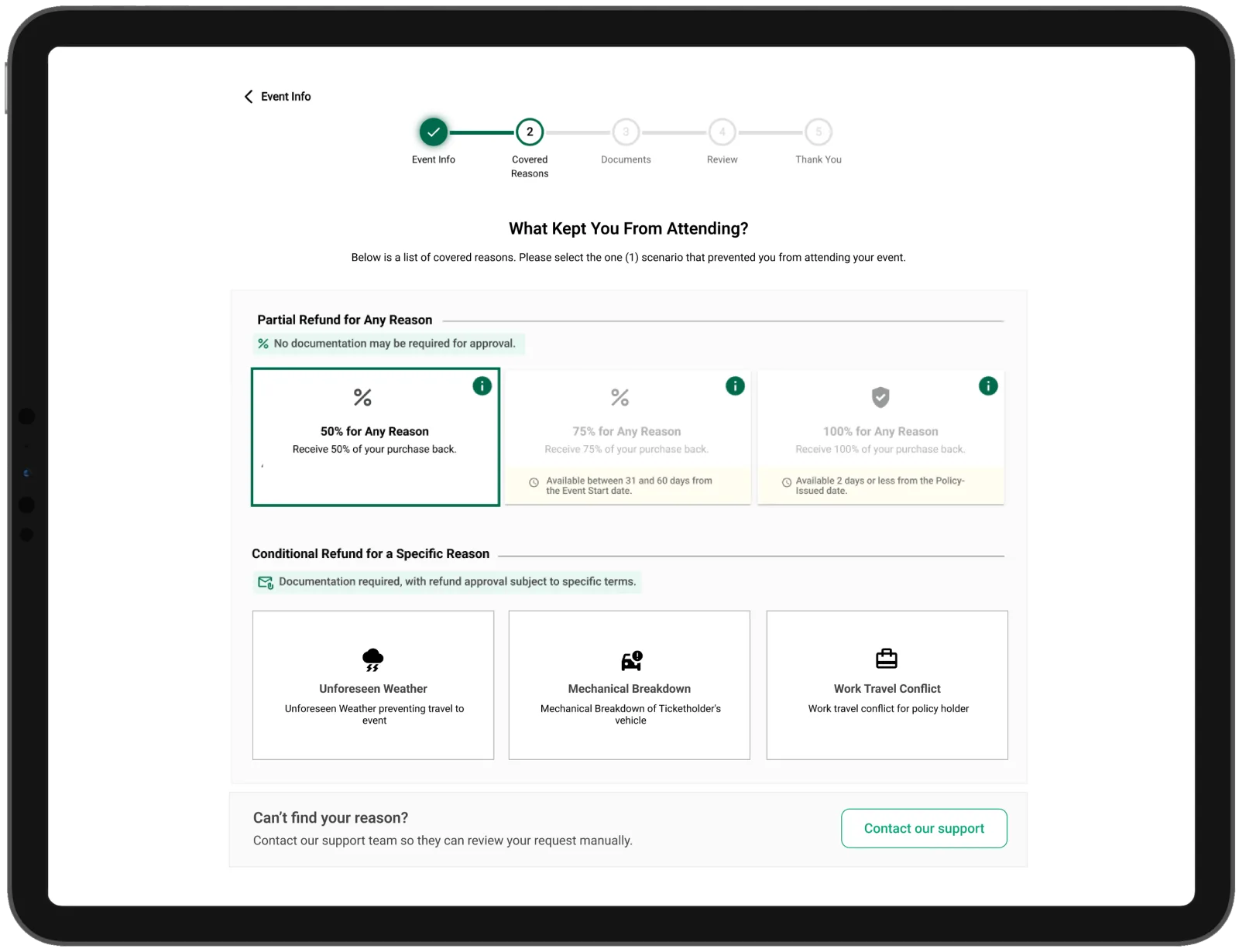Teak's self-service refund request flow, showing covered reasons on a tablet