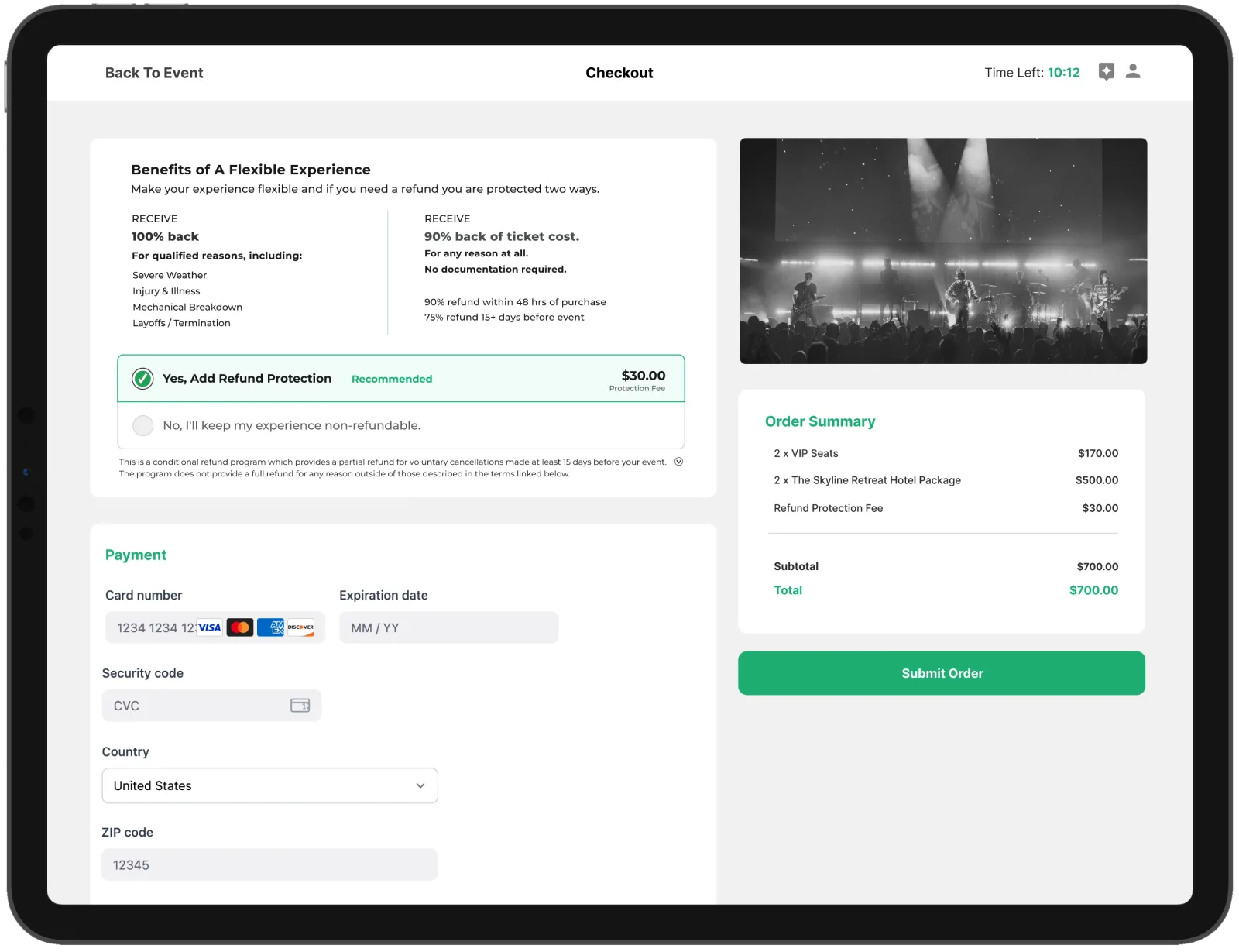 Teak refund protection offered inside a partner checkout on a tablet