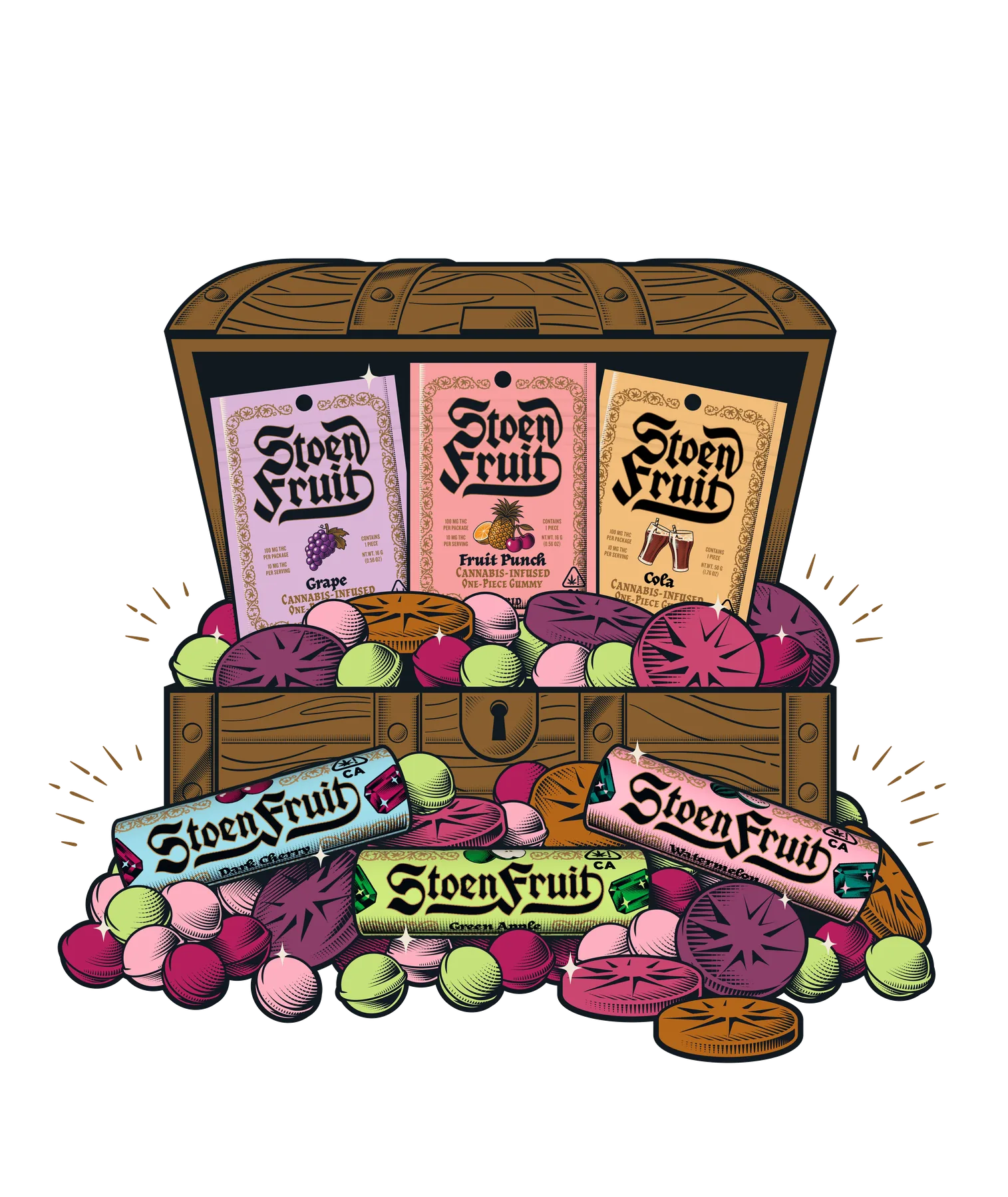 Treasure chest overflowing with Stoen Fruit products and candy