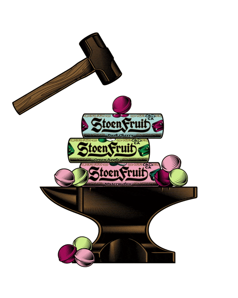 Stoen Fruit hard candy stacked on an anvil