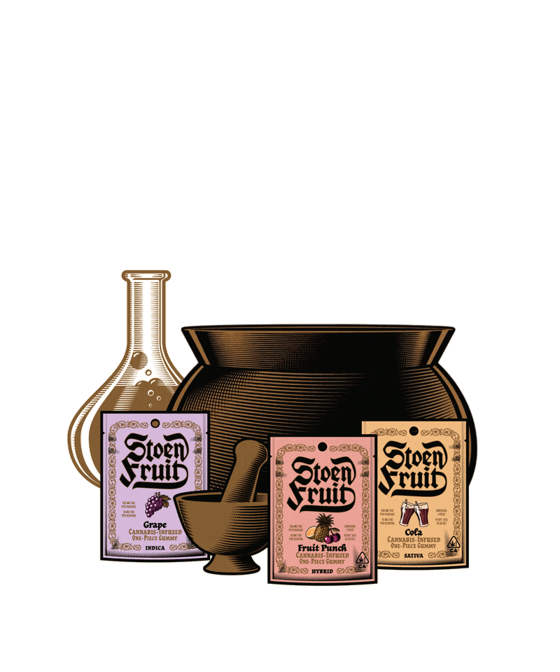 Stoen Fruit gummies brewing in an alchemist's cauldron