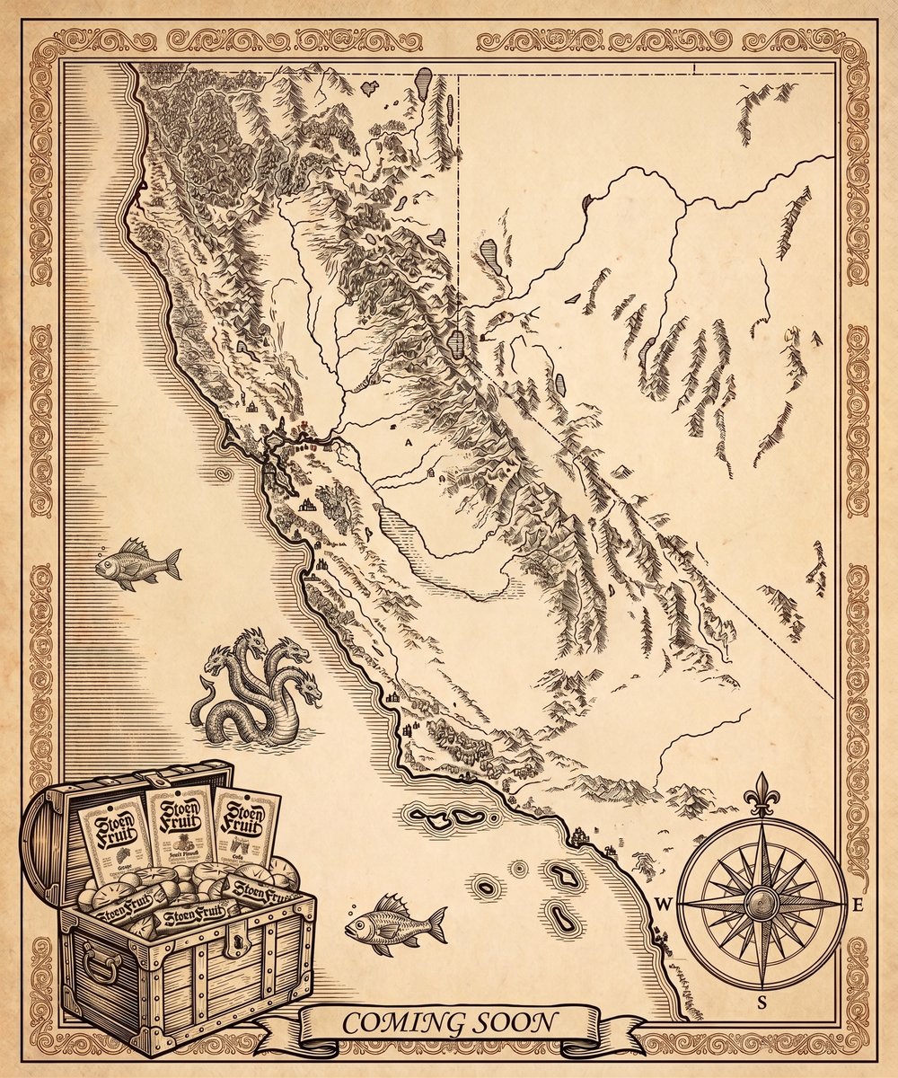 Medieval-style map of California showing where to find Stoen Fruit