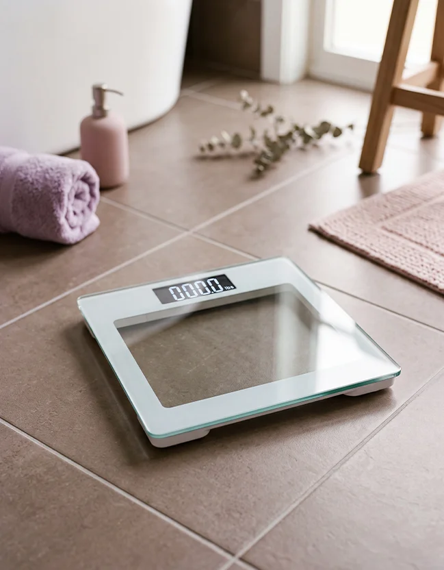 Digital glass bathroom scale on tiled floor next to a rolled towel and soap dispenser.