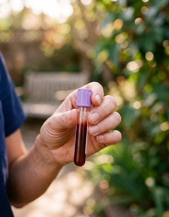 Hand holding a blood sample vial with a purple cap outdoors with blurred green plants in the background.